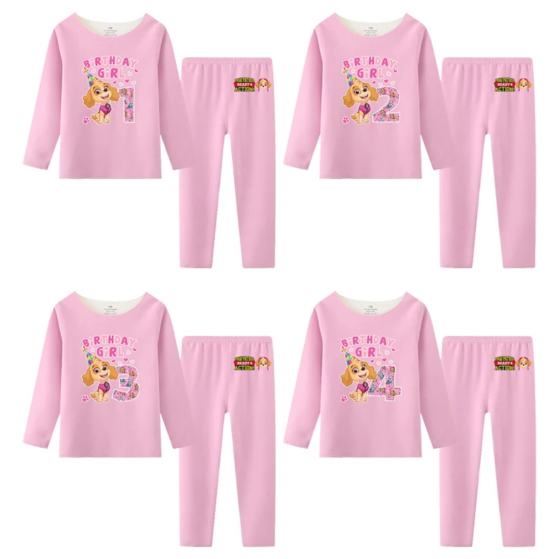 

Paw Patrol Kids Long Sleeve Pajama Set Kawaii Girls Kawaii Casual Homewear Cartoon Birthday Numbers Printed Two Piece Suit Gifts