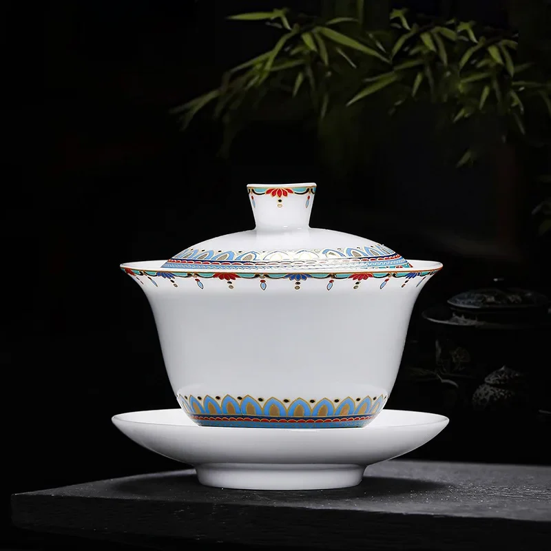 Dunhuang Ice Jade Elegant Porcelain Sancai Bowl Tea Cup Kung Fu Tea Set Office Home High-end Tea Set Gaiwan Gift Tool Teaware