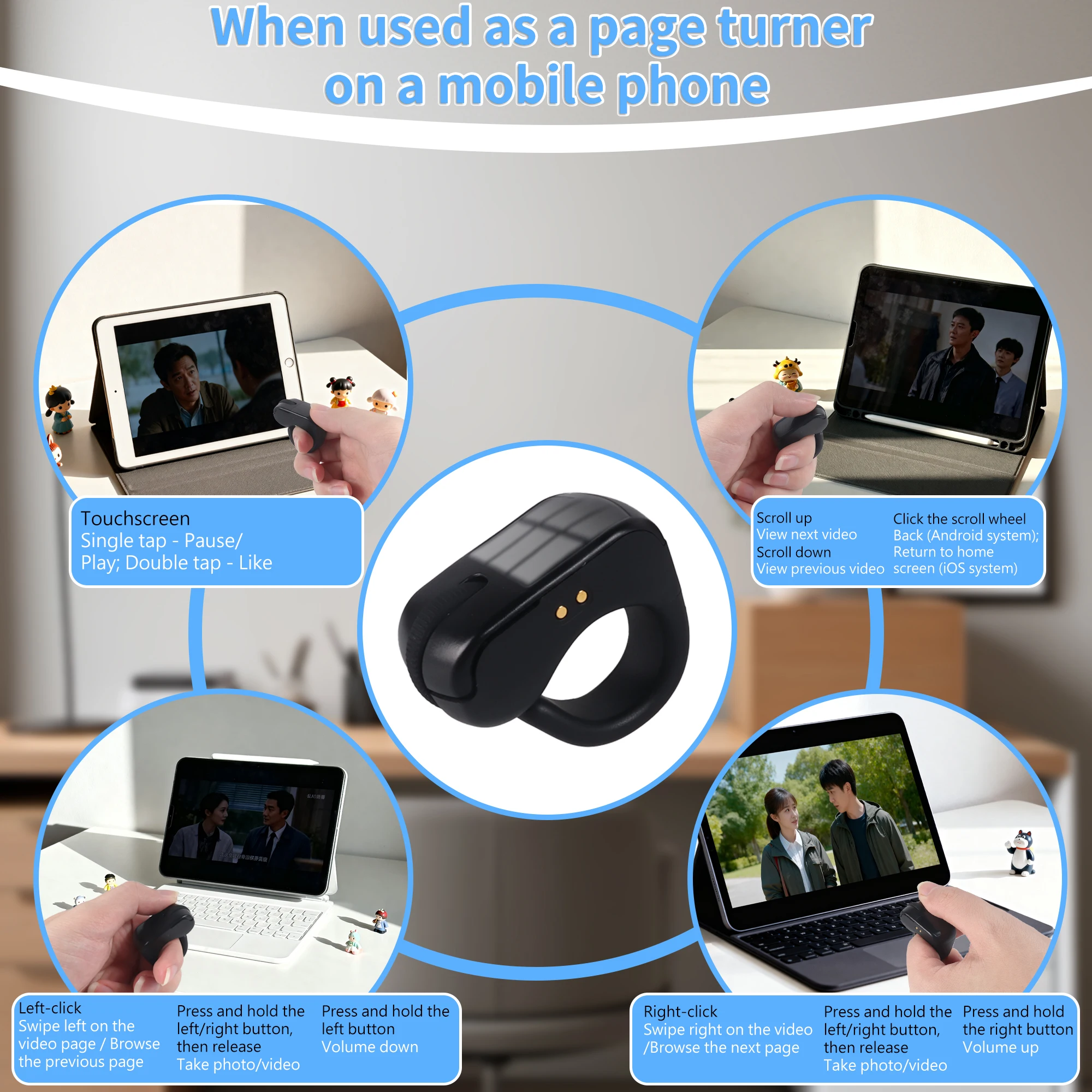 

Двухрежимная беспроводная кольцевая мышь 2,4G Bluetooth с сенсорной панелью и пультом дистанционного управления для планшета с прокрутным колесом для IOS Android YouTube Tiktok