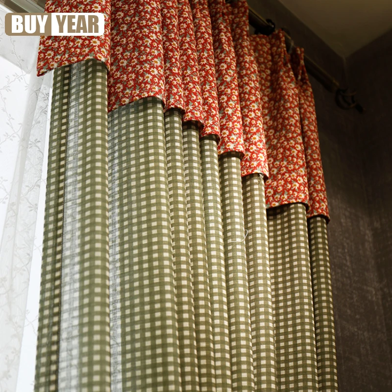 

American Country Pastoral Green Plaid Retro Curtains Semi-blackout Linen Curtains for Living Dining Room Bedroom Custom