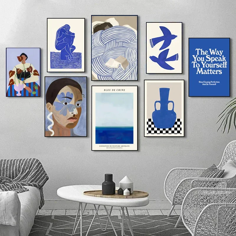 Abstrakte Blaue Geometrische Gesichtslinien Leinwandgemälde Kurvenmäßiges Mädchen Vase Taube Wandkunst Poster Druck Bild Nordisches Schlafzimmer Heim-Dekor