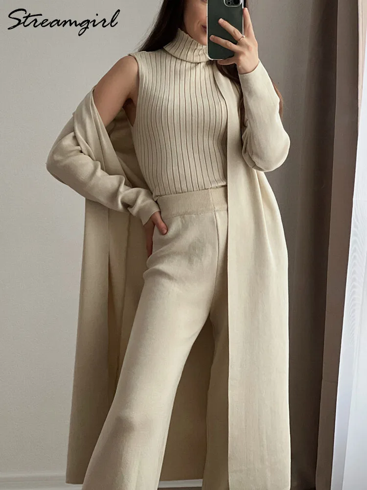 Knitwear 3 Pieces Suit For Women Pants Sets Long Cardigan Jackets Turtleneck Vest Knit Trousers Suit Women 3 Pieces Set Outfit