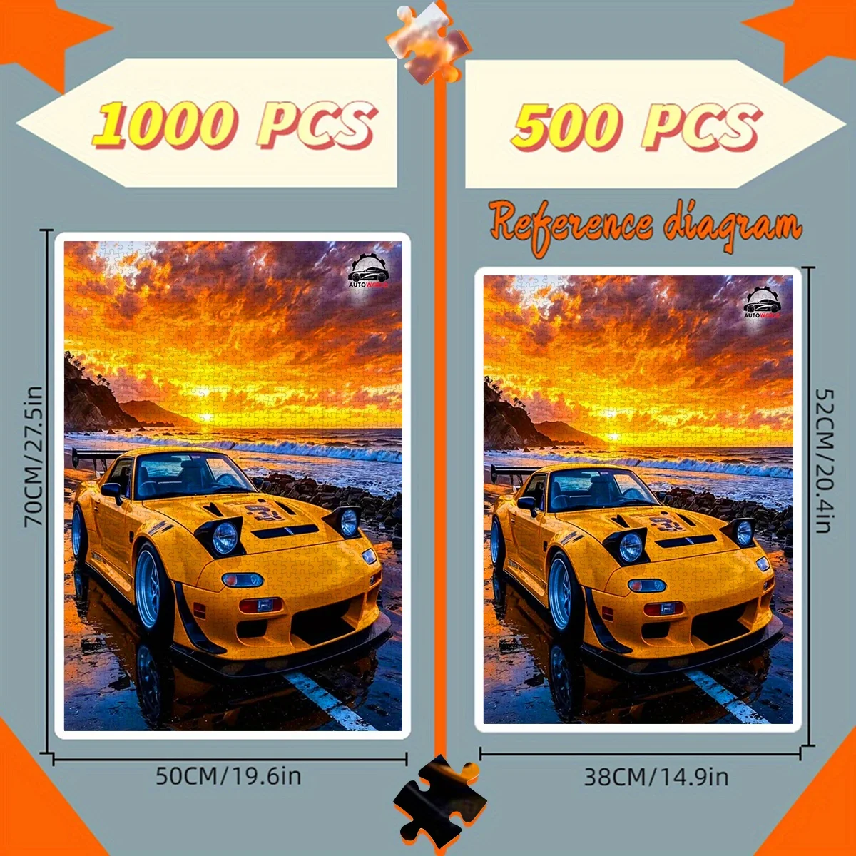 Vibrant Yellow Sports Car at Coastal Sunset Scene Jigsaw Puzzle Adult Automotive Theme Intellectual Game Home Leisure Decorative
