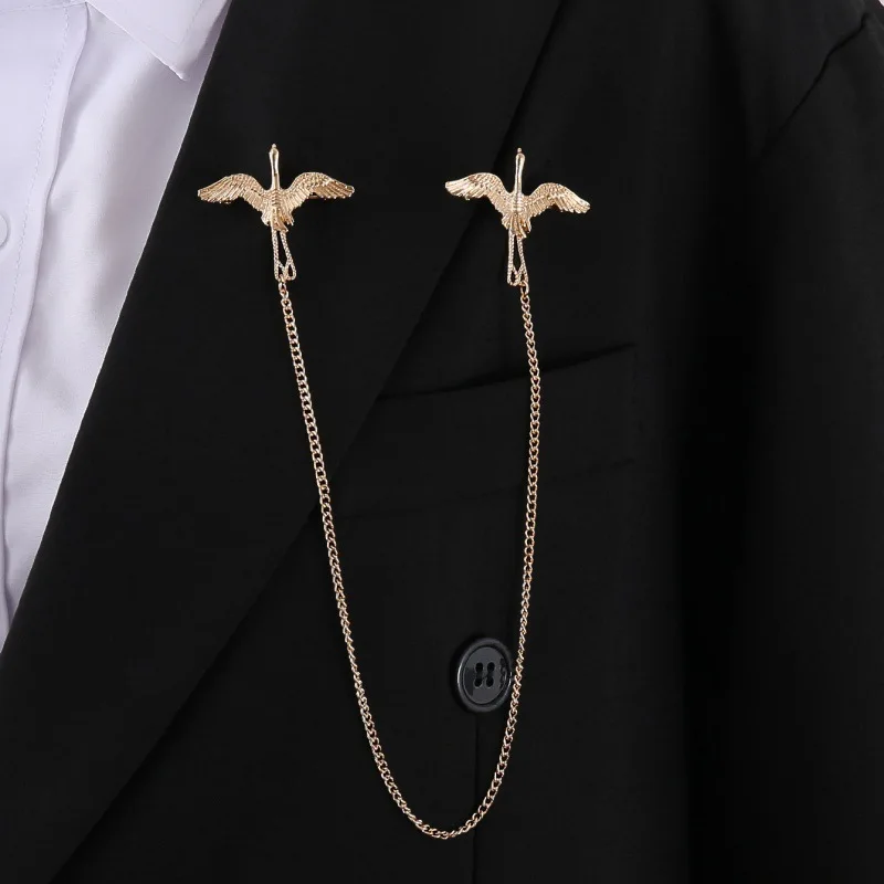 Elegant Crane Tassel Chain Brooches for Women and Men Cardigan Collar Pins Button Fashion Accessories Jewelry Badge Gifts