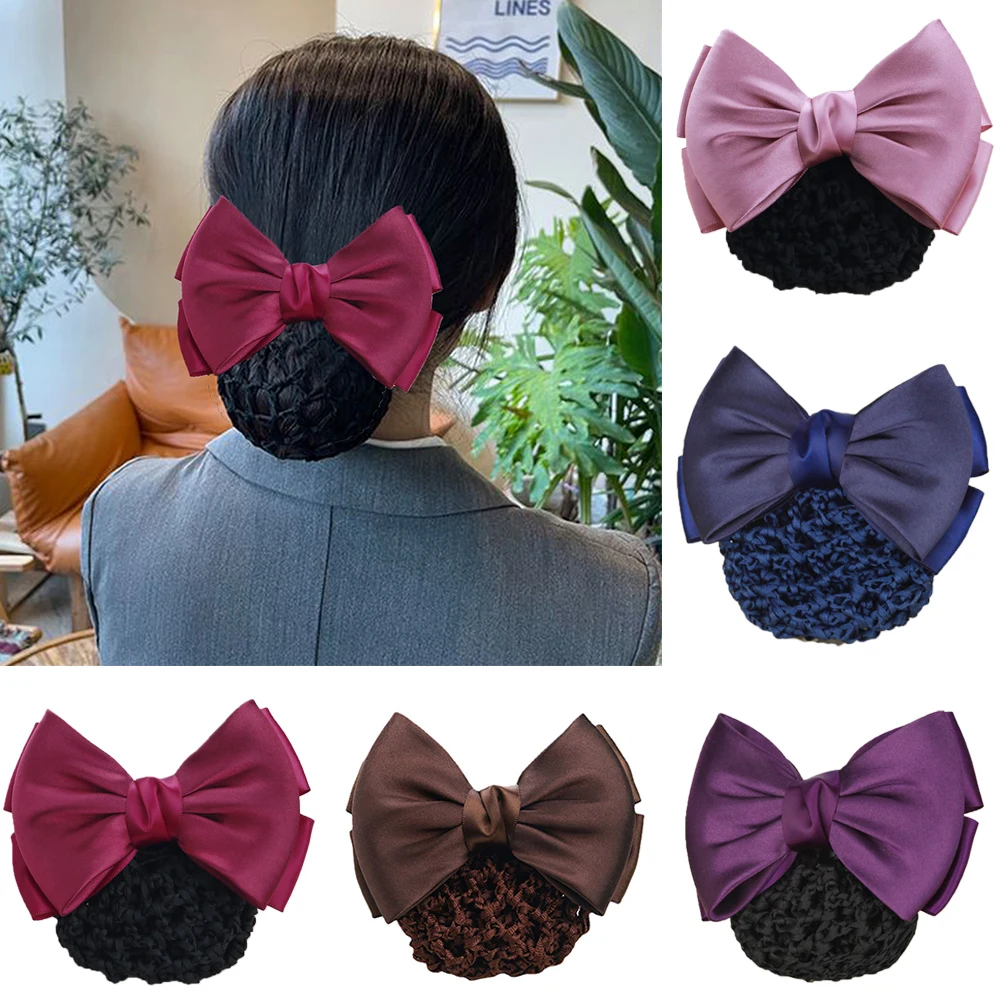 Fashion Hair Clips Cover Net Bowknot Bun Snood Satin Bow Barrette Women Lady Hairgrips Hair Net Cover Hair Accessories