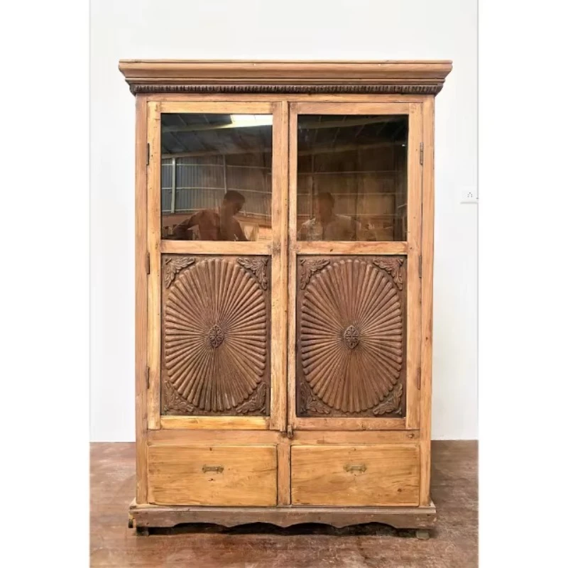 Solid wood double door wardrobe cabinet retro glass door furniture