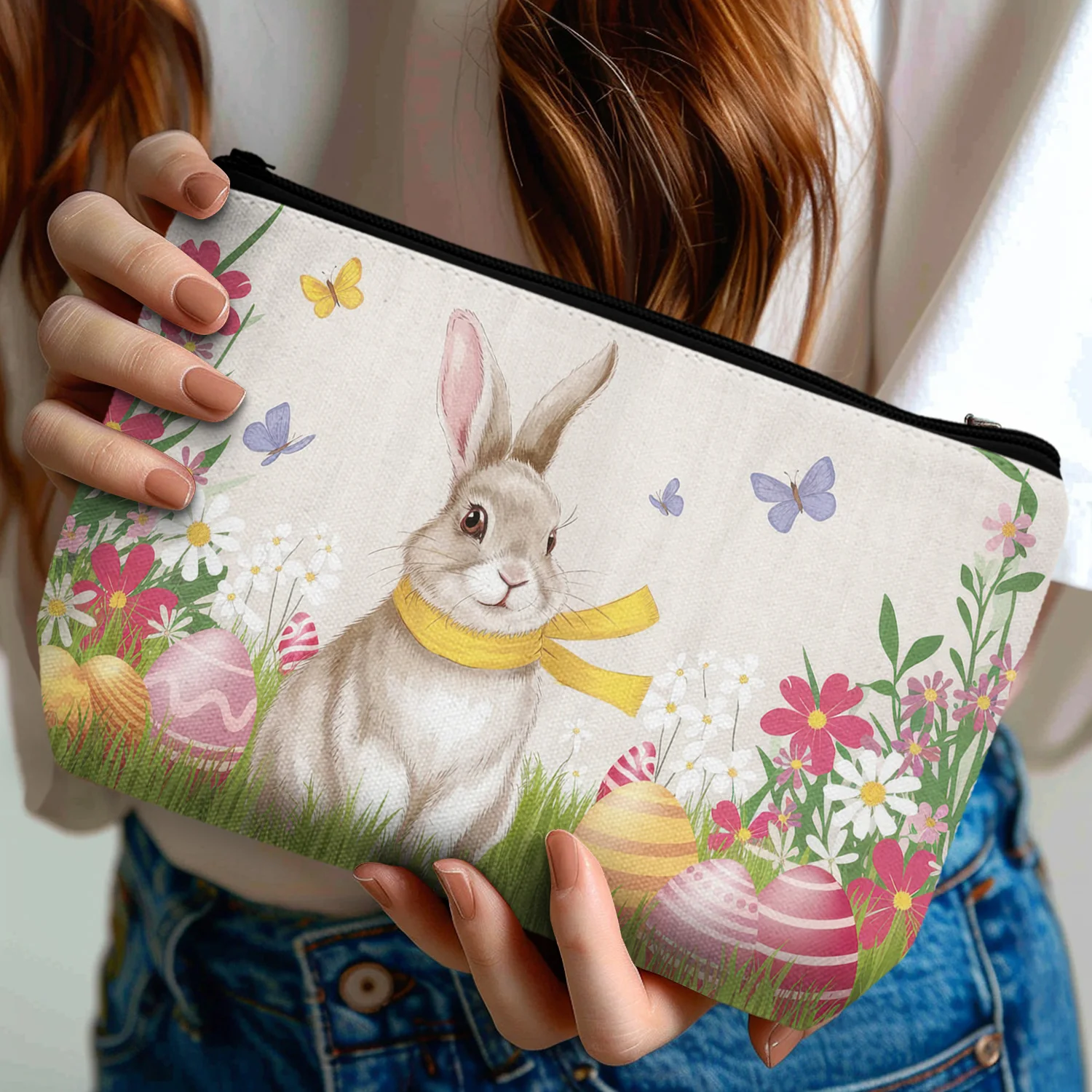 1Pc Easter Bunny Makeup Bag For Women Lightweight Foldable Cosmetic Organizer With Zipper Closure Perfect Travel 8.66X5.51Inch