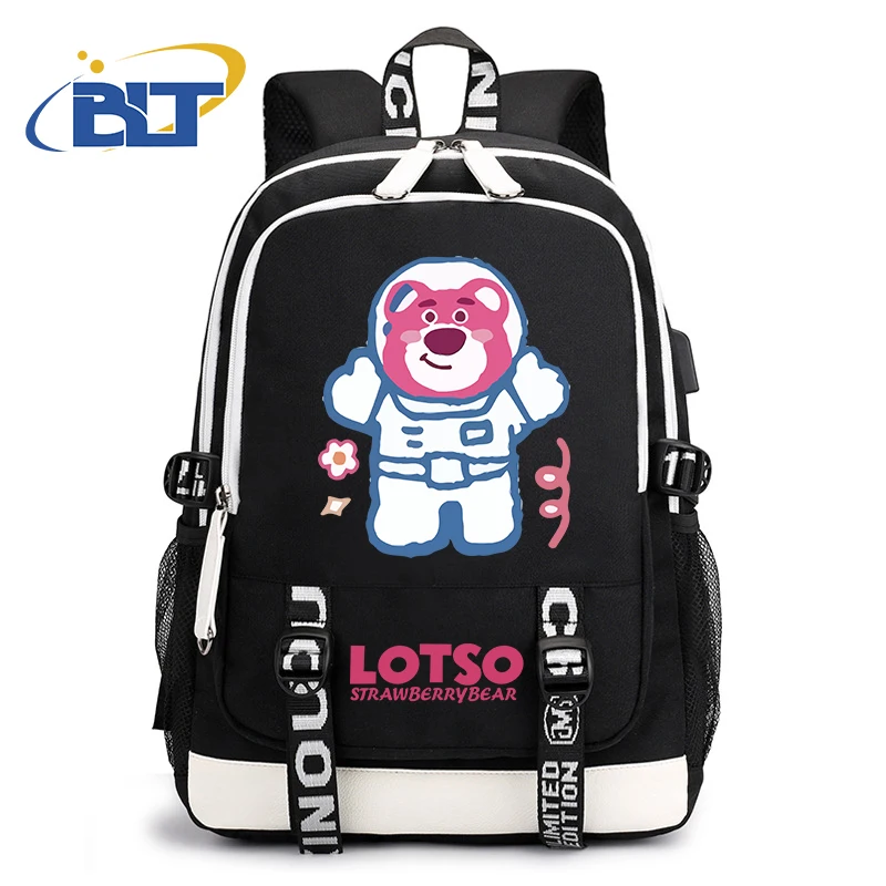 Mochila escolar con estampado de oso lotso para estudiantes, mochila USB, regalo para niños y niñas