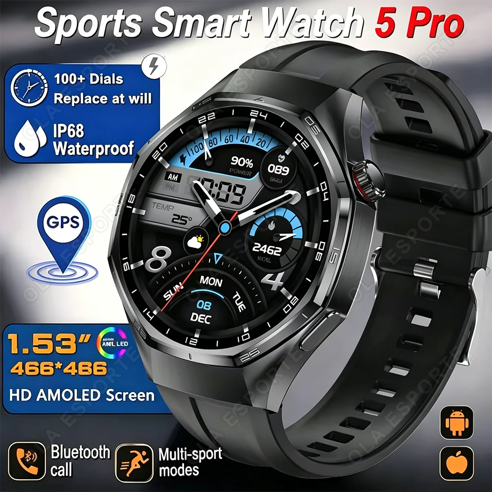 

New Watch 5 Pro Outdoor Smart Watch Men Sports Fitness AMOLED Screen Health Monitor Bluetooth Call Waterproof Smartwatch HW12
