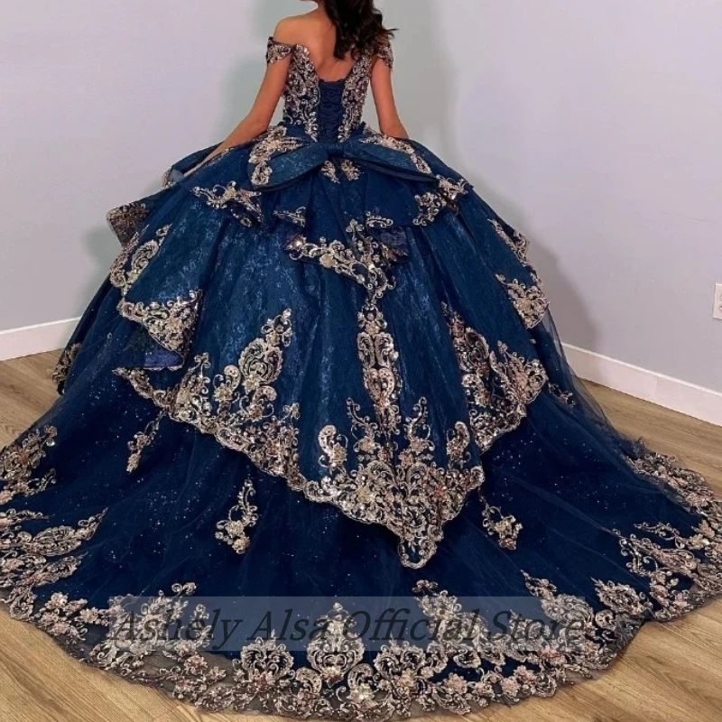 AA83 Customized Navy Blue Shiny Quinceanera Dresses With Appliques Lace Prom Party Gown Sweet 16 Vestido De 15Anos Occasion Wear