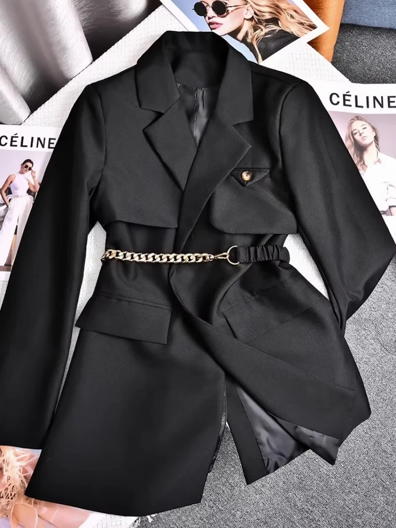Trendy Black Blazer with Metal Belt - Women's Spring Autumn Windbreaker, Chic Short Jacket for Office & Daily Wear w2138