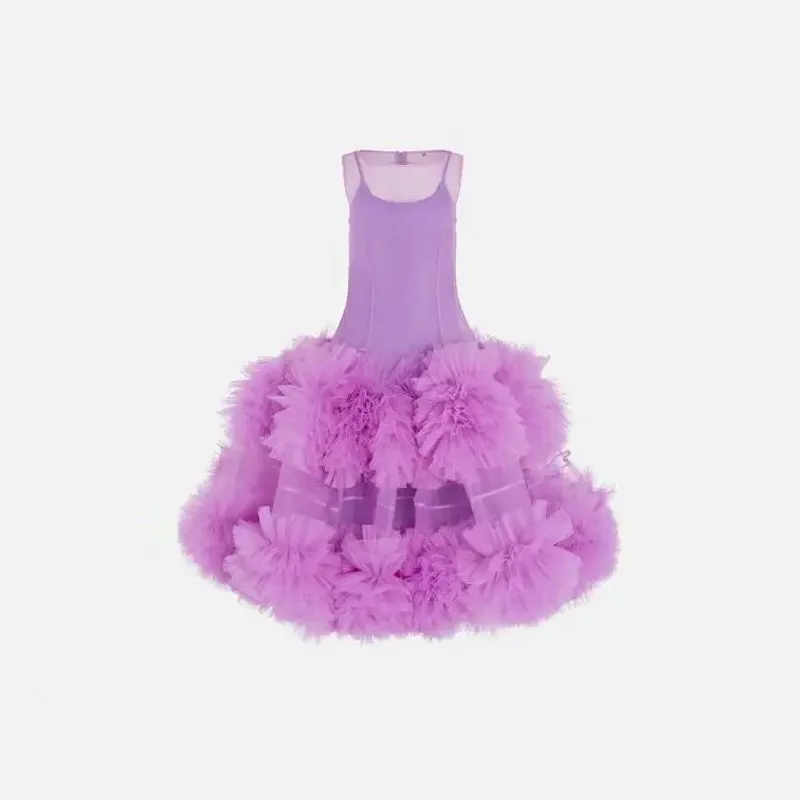 Lavender Prom Gown Tulle Dress Ankle Length Ruffles Long Fashion Party Dresses Sleeveless Candy Color Tutu Dresses For Women