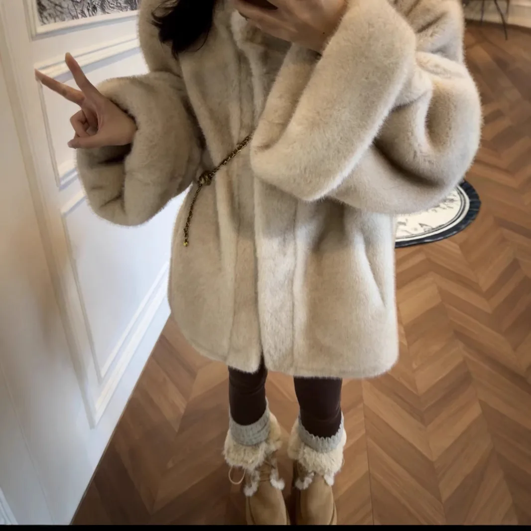 Winter Dames Mid Lange Losse Faux Nertsen Bont Jas Leer en Bont Stand Pluche Jas Lange Mouw Warme Pluizige Jassen Harige Overjas