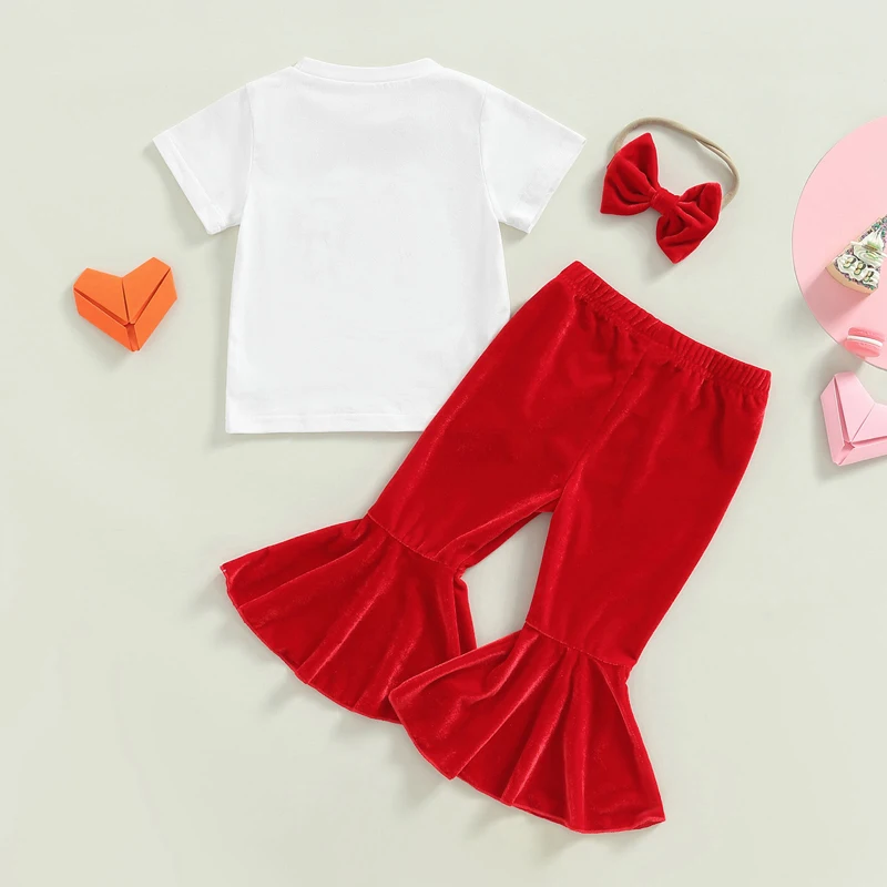 Valentine s Day Children Girls Outfit Set with Letter Print Tee Velvet Flare Pants and Matching Headband - 3 Piece Ensemble