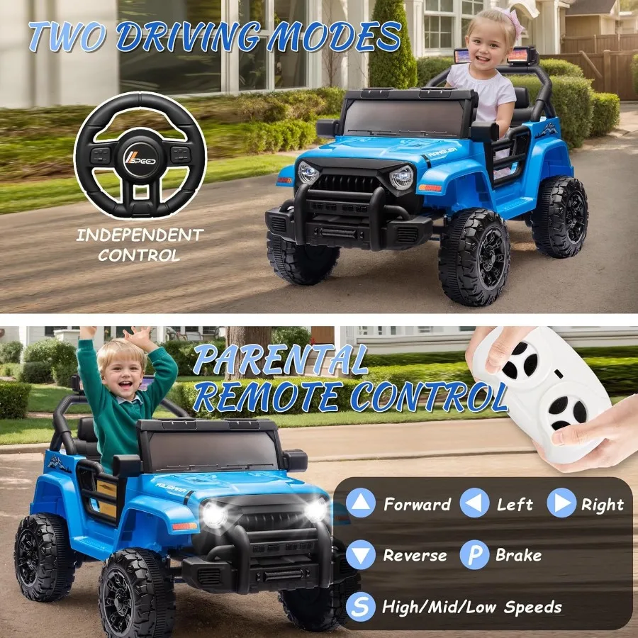 Samochodzik dla dzieci typu truck, elektryczny, 12V, z kontrolą rodziców, zabawka do jazdy dla maluchów z muzyką, Bluetooth, czterokołowe zawieszenie.