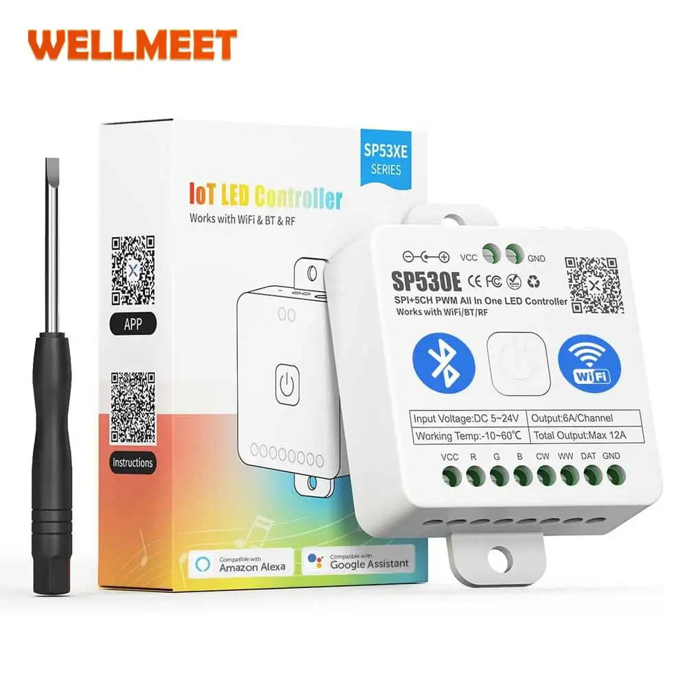 

SP530E WiFi Alexa Bluetooth LED Controller Support PWM Monochrome CCT RGB RGBW RGBCCT or SPI TTL IC Chip LED Strip/Matrix