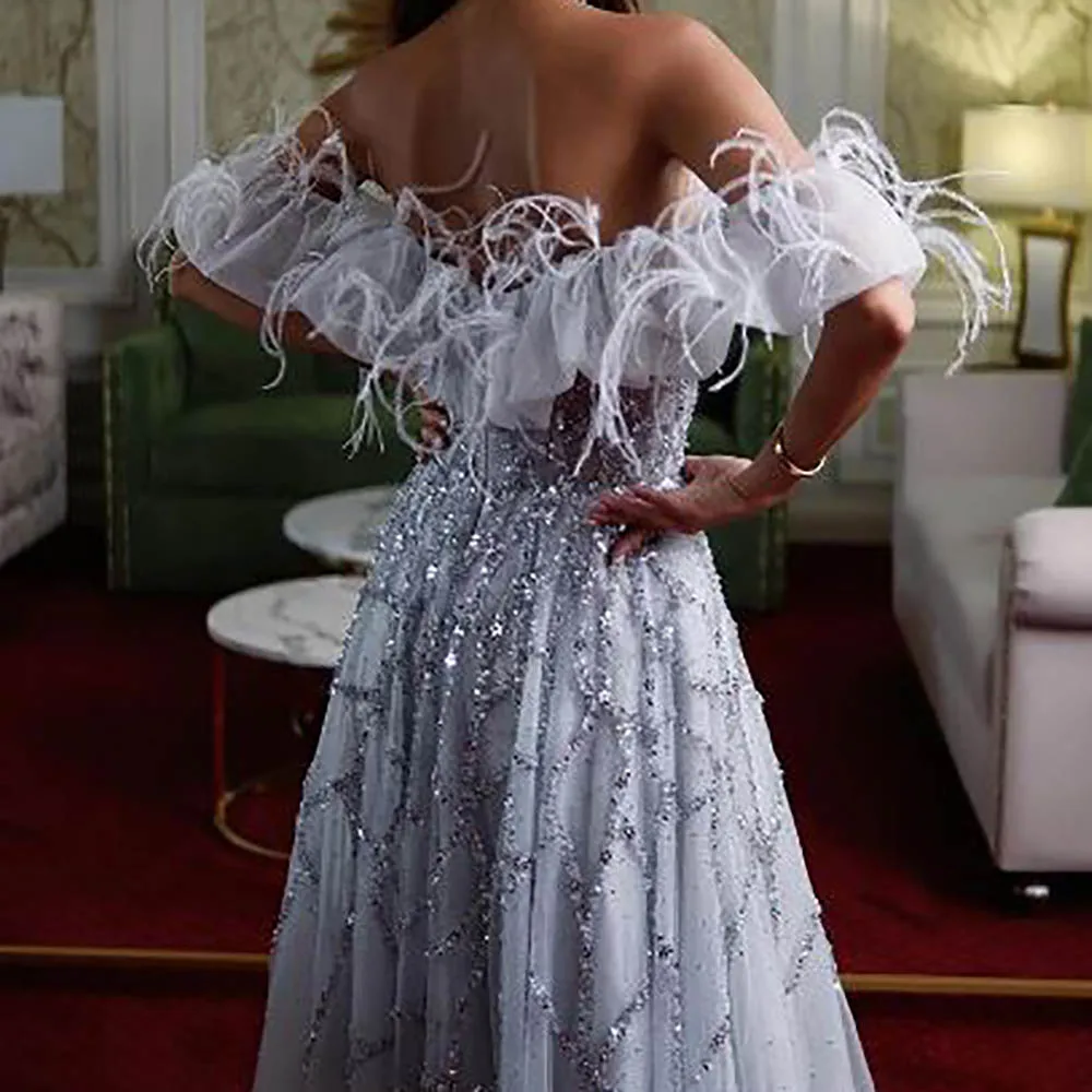 A-Line Tulle Evening Dress Off-Shoulder Sleeveless Beading Pleat Floor Length Vestido de Noche para Mujeres