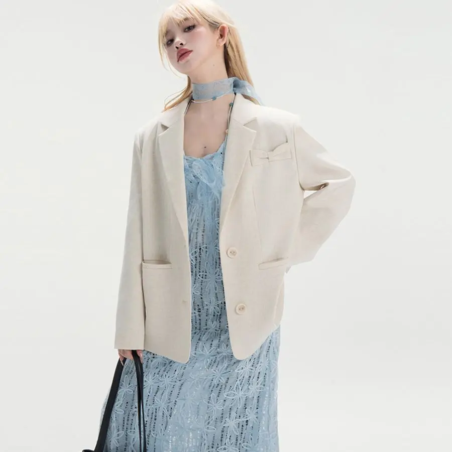 Insozkdg أوائل الربيع بدلة على الموضة الجديدة معطف المرأة بلايز الحلو عودة تعادل القوس تصميم جوفاء فضفاض سترات غير رسمية النساء الملابس