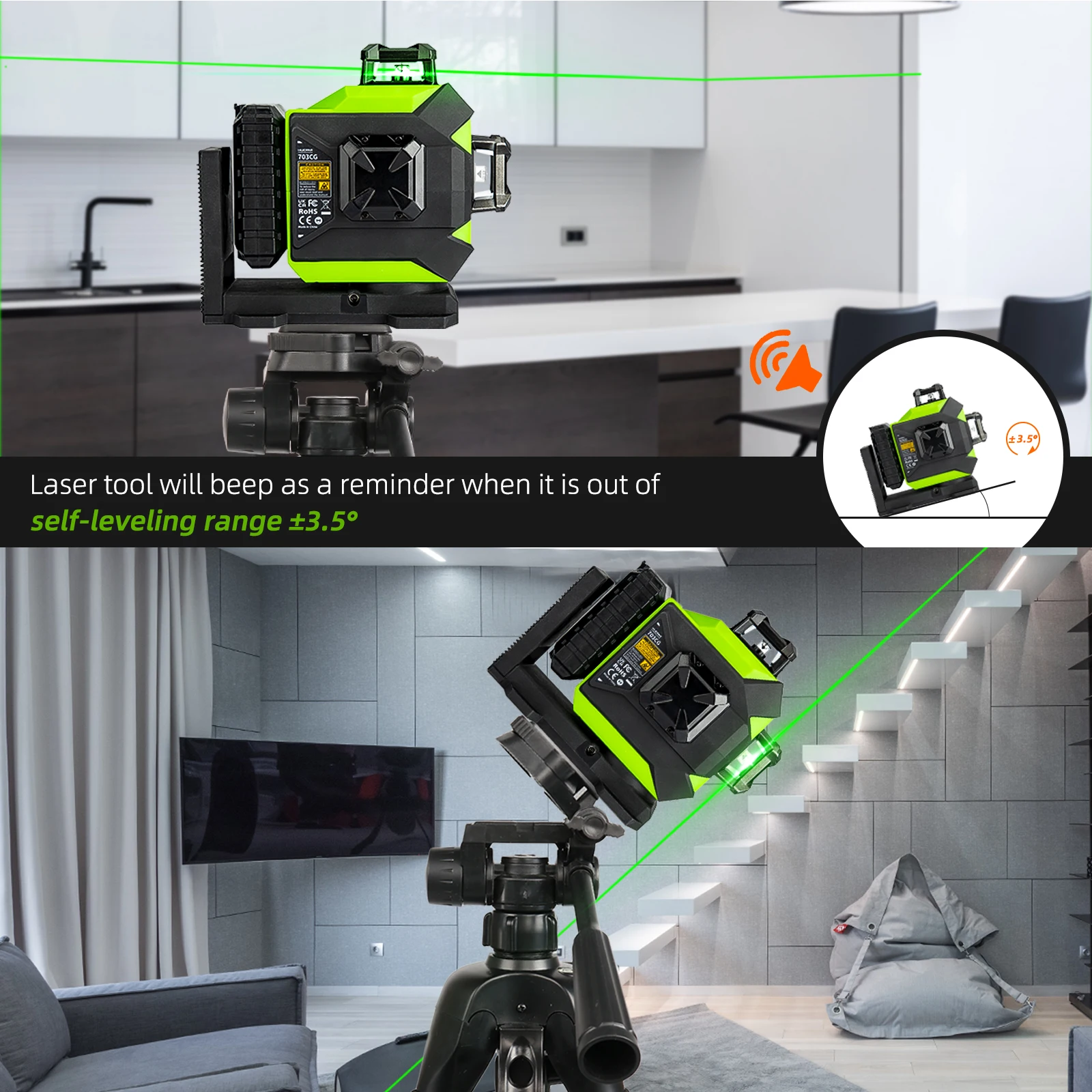 Huepar 703CG Green Beam 12 Lines 360 Degree 3D Laser Level with Power-Saving Outdoor Pulse Mode