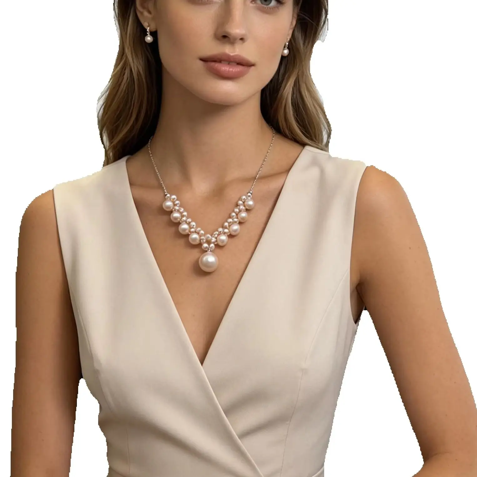 

Natural Freshwater Champagne Pearl Necklace with Cascading Design and Large Drop Pendant Adjustable Chain Copper Alloy Women's F