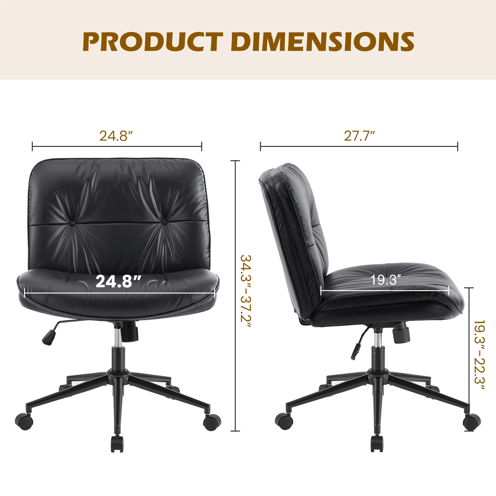 Pop PU Leather Cross Legged Office Chair With Wheels Armless Desk Chair Height Adjustable Swivel Wide Seating For Home Bedroom