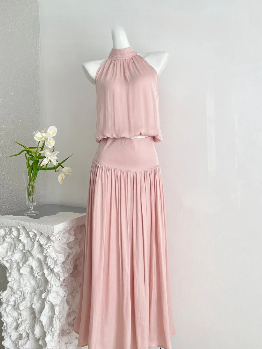 

Luckymanshi Tea Olive Glossy Acetate Breathable Neck Hanging Vest Skirt Half-length Polyester Fiber Summer Season Women's Set