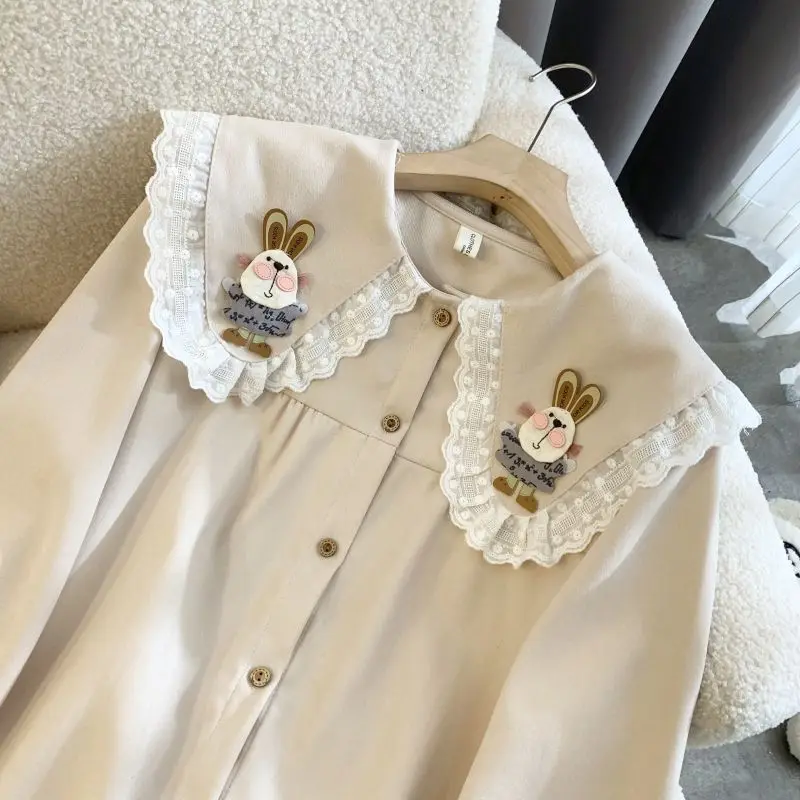 Rabbit Doll Neck Shirt Women's Spring Autumn Vintage Shirt Cute Unique Top Blouses