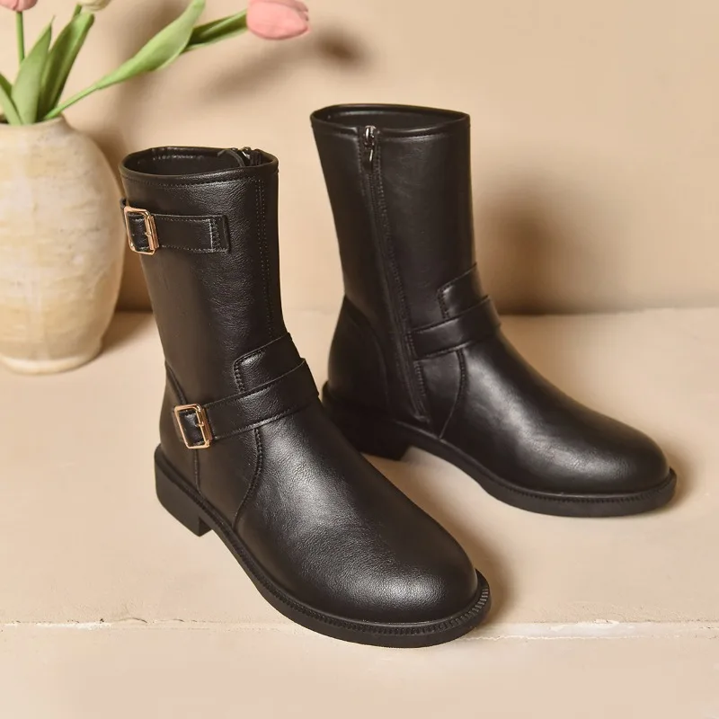 Autumn Winter Retro PU Leather Mid‑Calf Motorcycle Boots Women Chunky Heel Double Buckle Decor Plus Size 43 Side Zip Daily Wear