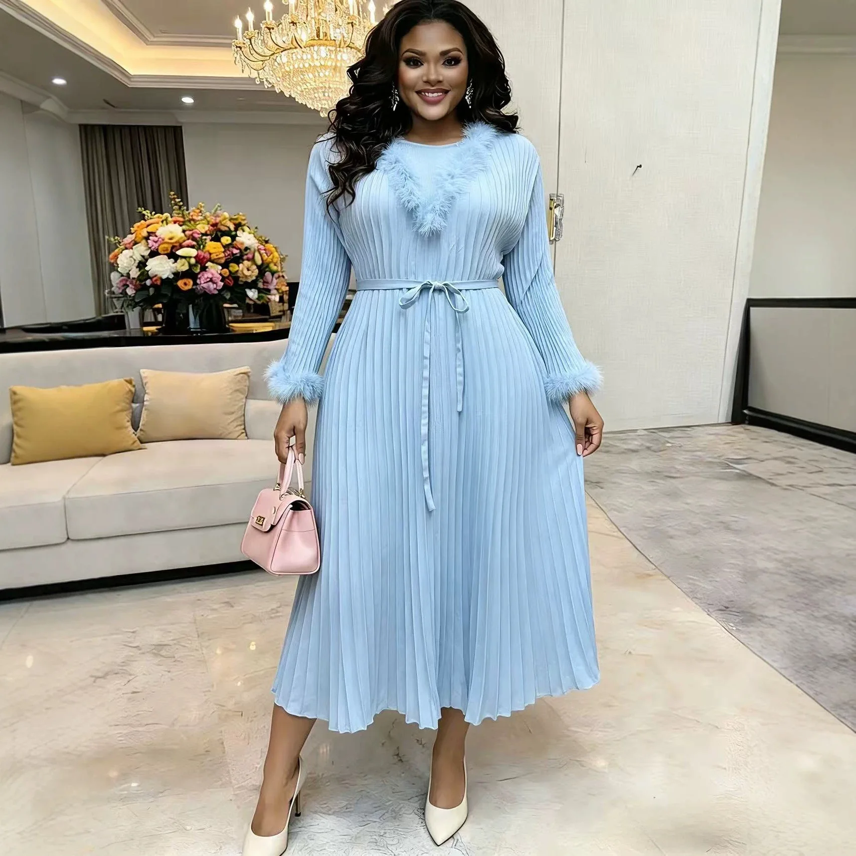 

Miyake Loose Women's Fashion Solid Color Crew Neck Loose Feather Pleated Casual Dress 2026 Summer New