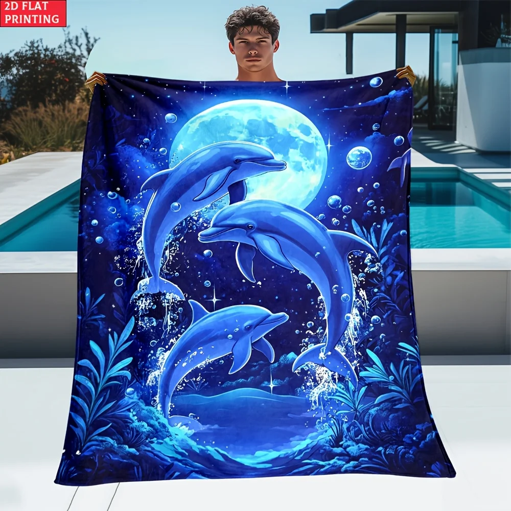 1pc Dolphin Moonlight Underwater Scene Blanket. Blanket - Lightweight Fleece Home Goods Bedding Blanket, Suitable for Sofa, Bed,