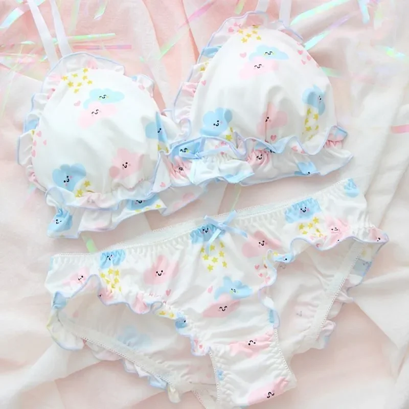 Cute Japanese Lingerie Bra & Panties Set Wirefree Soft Underwear Sleep Intimates Set Kawaii Lolita Color White Bra and Panty Set