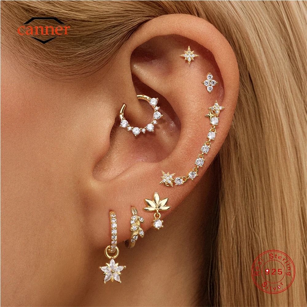 CANNER 925 Sterling Silver Smooth Lotus Tassel Eight Pointed Star Zircon Stud Earrings For Women INS Earrings Fine Jewelry Gift