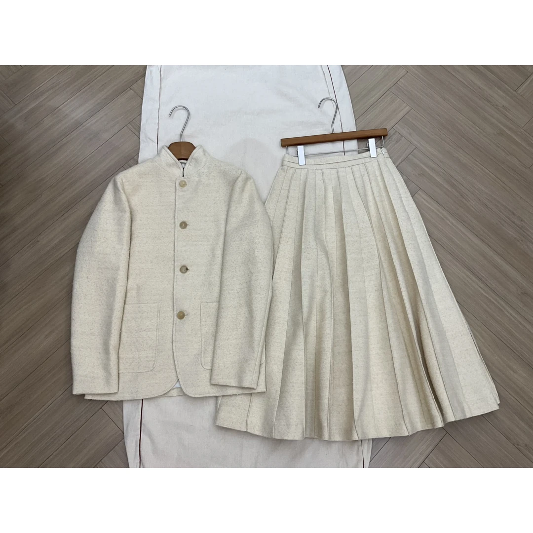 Spring New 2025 Wool Linen Silk Blended Stand-Up Collar New Chinese Style Jacket Pleated Skirt Half Skirt Suit