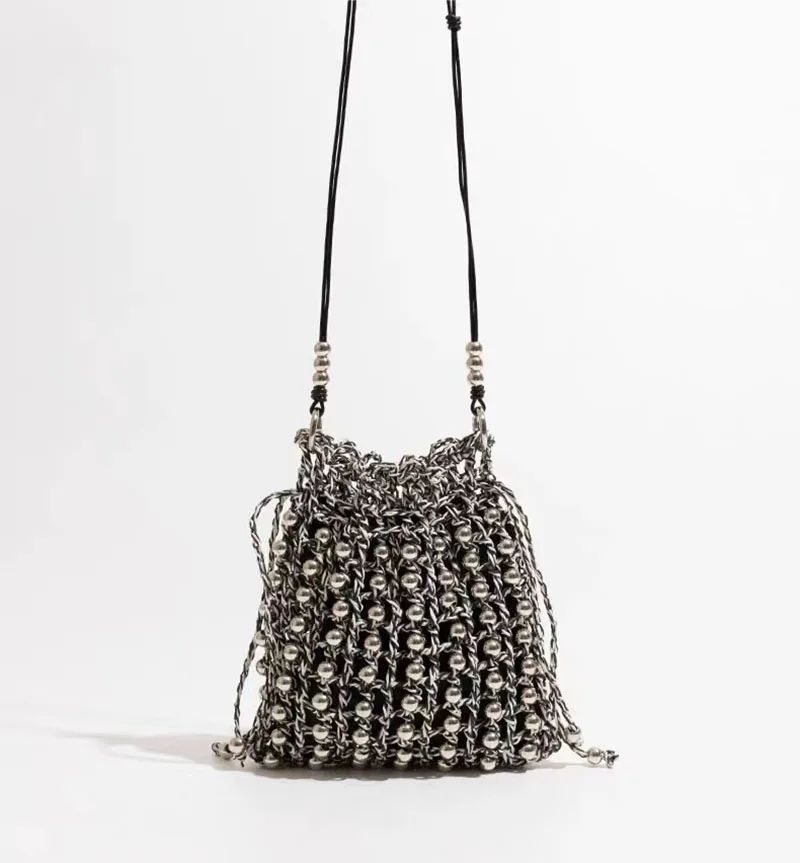 Bohemian Pearls Straw Bag Hollow Paper Rope Shoulder Bags for Women Summer Woven Beaded Beach Bag NEW Small Drawstring Purses