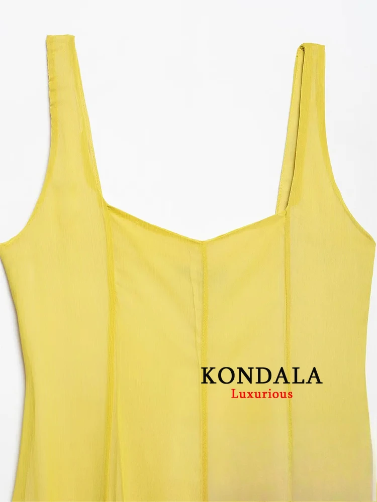 ชุดเดรสสายเดี่ยวสไตล์วินเทจ KONDALA สีเหลืองล้วน แขนกุด แต่งระบาย ซิปด้านหลัง แฟชั่นใหม่ 2025 ชุดเดรสสำหรับฤดูใบไม้ผลิ ฤดูร้อน และวันหยุด