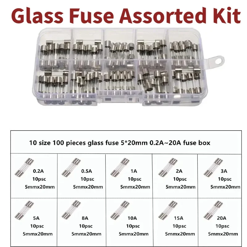 100pcs 5x20mm Quick Blow Glass Tube Fuse Assorted Kit Amp 0.2A 0.5A 1A 2A 3A 5A 8A 10A 15A 20A 250V with Storage Box