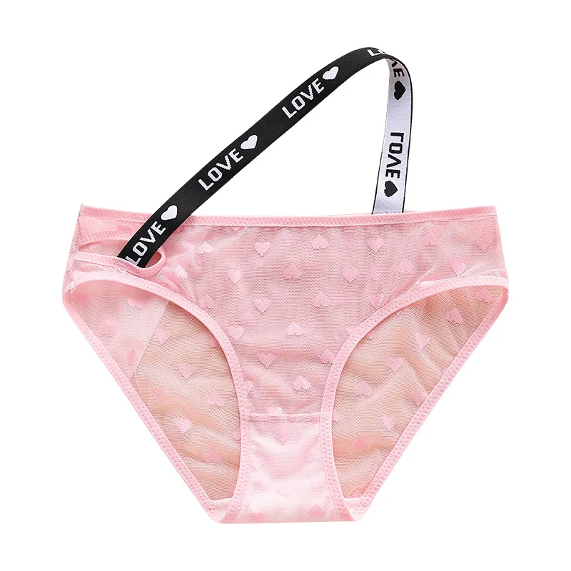 Women Sheer Mesh Panties Print Straps Sexy Heart Pattern Lace Low-Rise Transparent Underwear Letter Elastic Waistband Cozy Brief