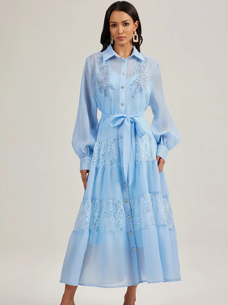 

New Autumn Summer Floral Luxury Diamond Long Dress Set Long Lantern Sleeve Single Breast Crystal Bead Evening Dresses