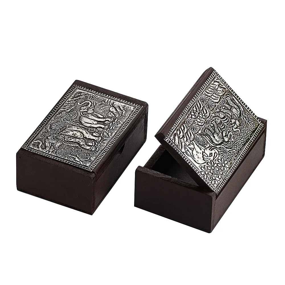 

1PC Thai Wooden Elephant Engraved Pattern Storage Box Card Poker Jewelry Box Home Organizer Restaurant Toothpick Case Craft