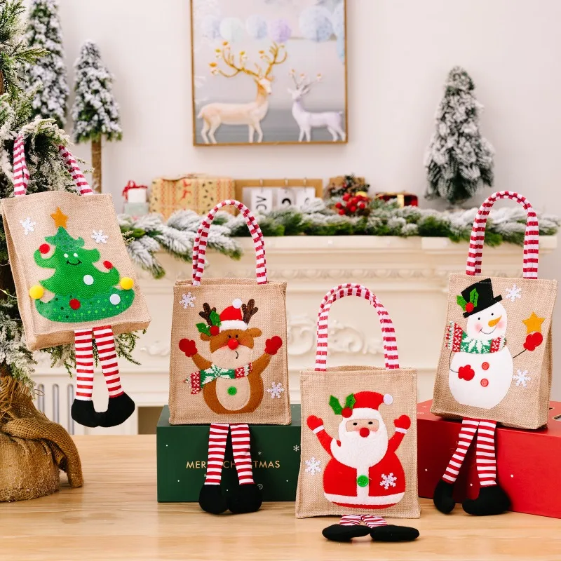 Christmas Decorations, Cartoon Printed Gift Bags with Striped Handles, Festive Portable Tote Sacks for Kids Holiday Presents