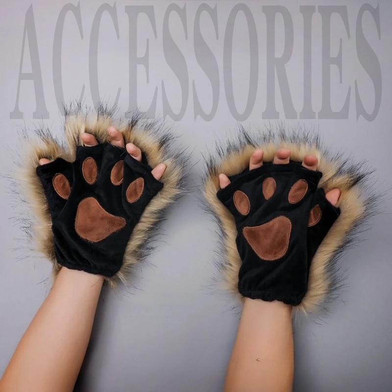 

Cat Paw Gloves Handmade Plush Fingerless Mittens for Kemonomimi Lolita Cosplay Kawaii Faux Fur Animal Paw