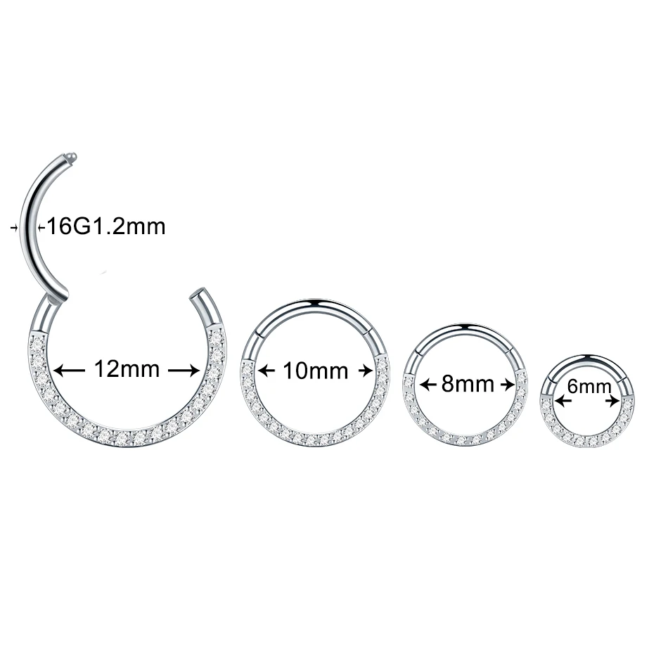 10Pcs 316L Stainless Steel Crystal Hinged Segment Nose Septum Hoop Clicker Ring Earring Ear Tragus Helix Piercing Jewelry 6-12mm