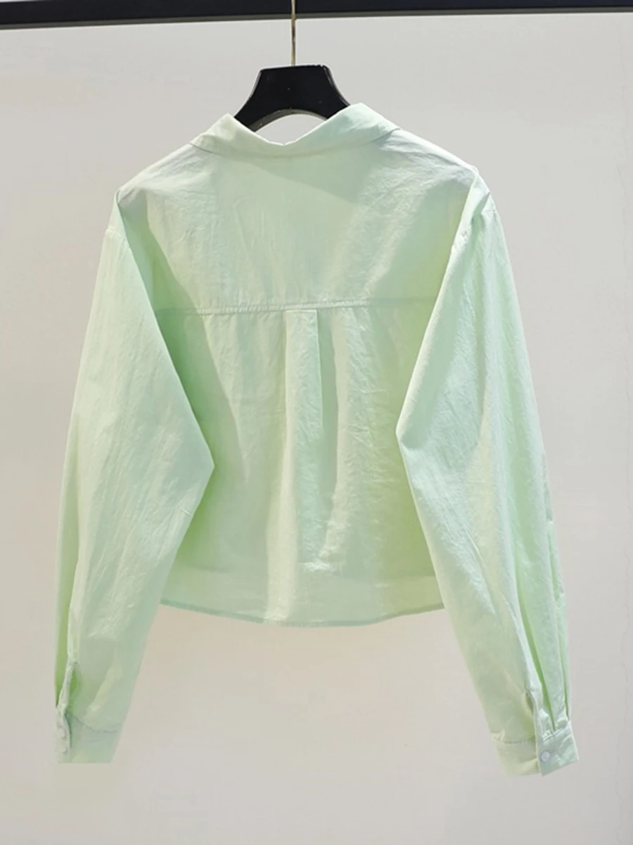 

Spring Fre ort Blue irt Women's Korean Loose Double ket Long Sve Collar Button up Casual Top