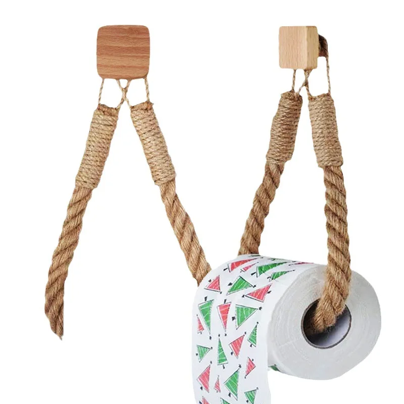 HeMu-Porte-serviettes de rangement en corde de lin en bois massif, porte-serviettes en papier, salle de douche, salle de repos, gant de toilette sans clous, porte-rouleau