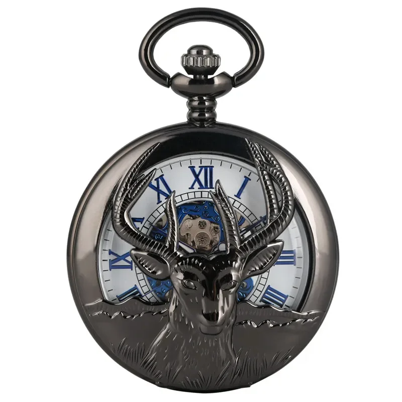 Reloj de bolsillo mecánico Steampunk con cuerda manual de cabra hueca para hombres y mujeres, reloj de cadena con colgante de Número Romano, regalo