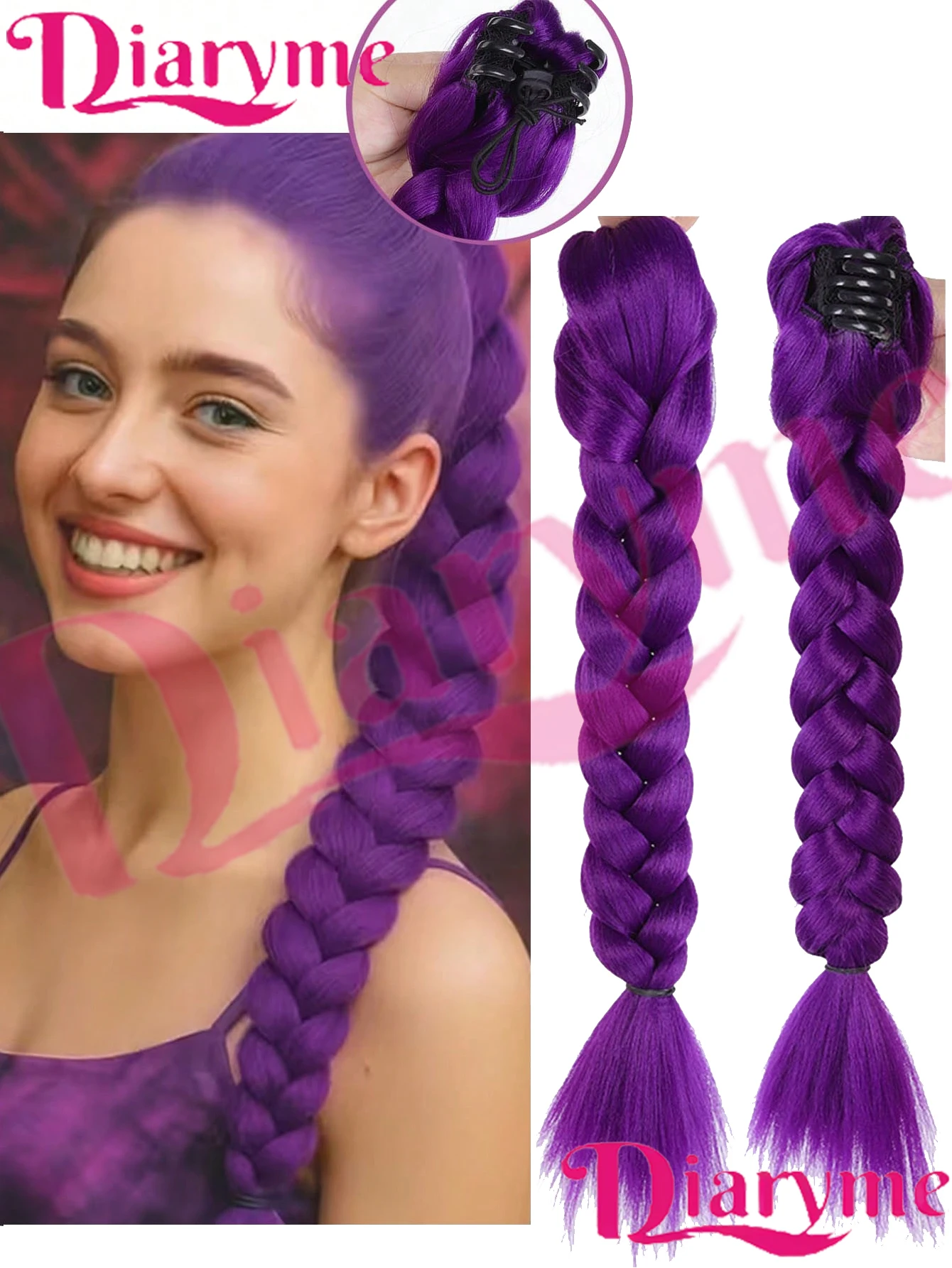 

18-дюймовый женский синтетический прямой хвост-шиньон | Фиолетовый плетеный хвостик с заколкой, термостойкий и прочный, не требует особого ухода.