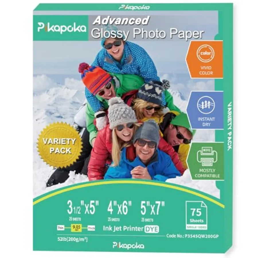 Glossy Photo Paper 3.5x5, 4x6, 5x7, Photo Printer Paper for Inkjet, Variety Pack, Assorted Sizes, 52lb/200gsm