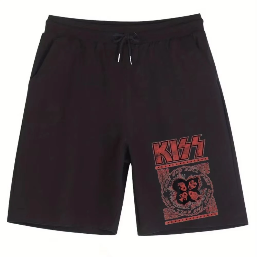 

Лето 2025 г., мужские черные шорты в стиле панк-рок-группы с принтом на шнурке, эластичные модные повседневные спортивные шорты большого размера