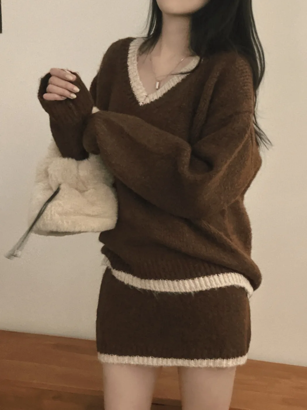 

Chic Autumn Winter New Sle Retro Color Blo Soft Long Sve Sweater High Waist Knitted Wrap Body f Skirt Women's Faion