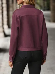 سترة نسائية كبيرة الحجم بلون سادة وأنيقة بأكمام طويلة وأزرار - نسيج من جلد الغزال الصناعي الناعم المطاطي، ياقة واقفة مع جيوب على الصدر #2